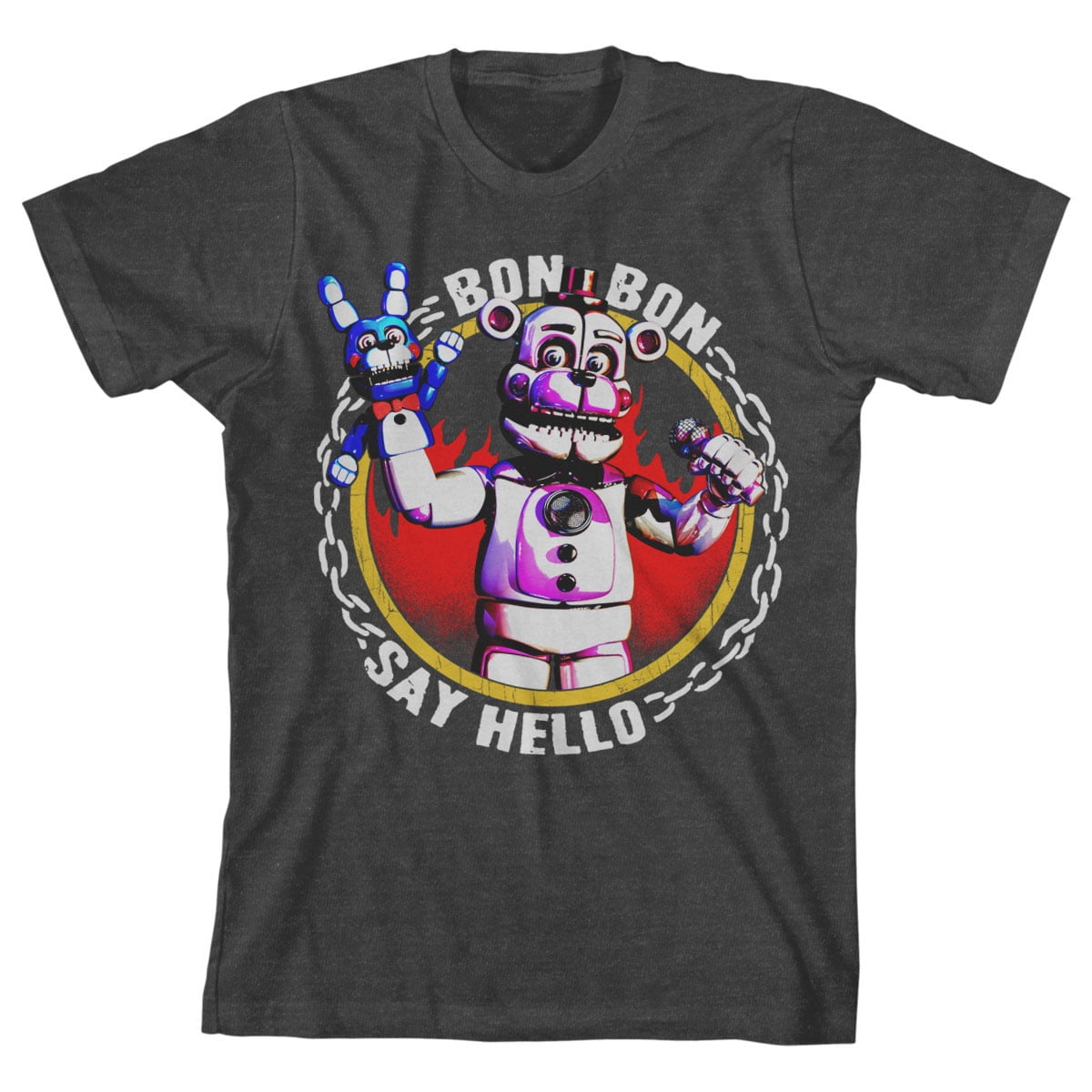 Five Nights Sister Location Bon-Bon Say Hello Boy's Charcoal Heather T-shirt-XL