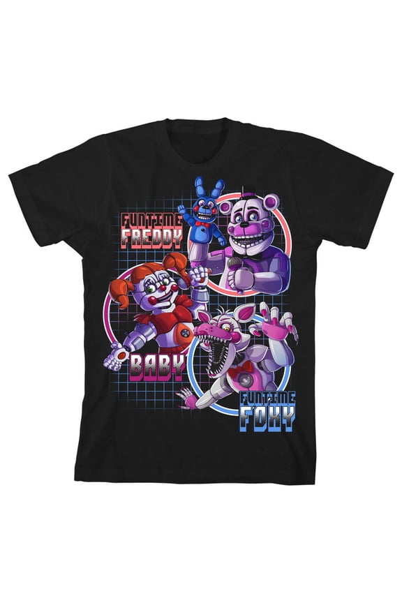 Five Nights Sister Location Funtime Freddy Foxy and Baby Boy's Black T-shirt-XS