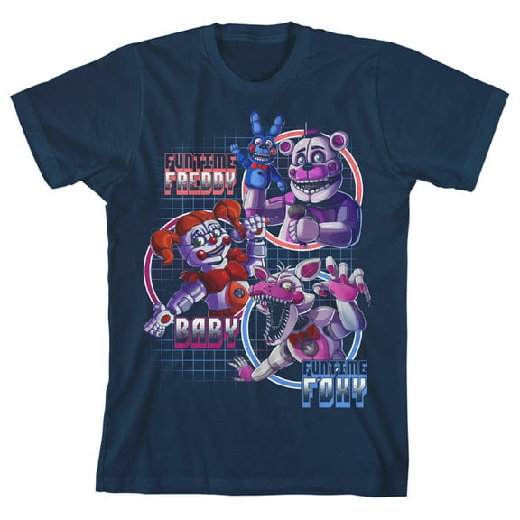 Five Nights Sister Location Funtime Freddy Foxy and Baby Boy's Navy Blue T-shirt-Medium