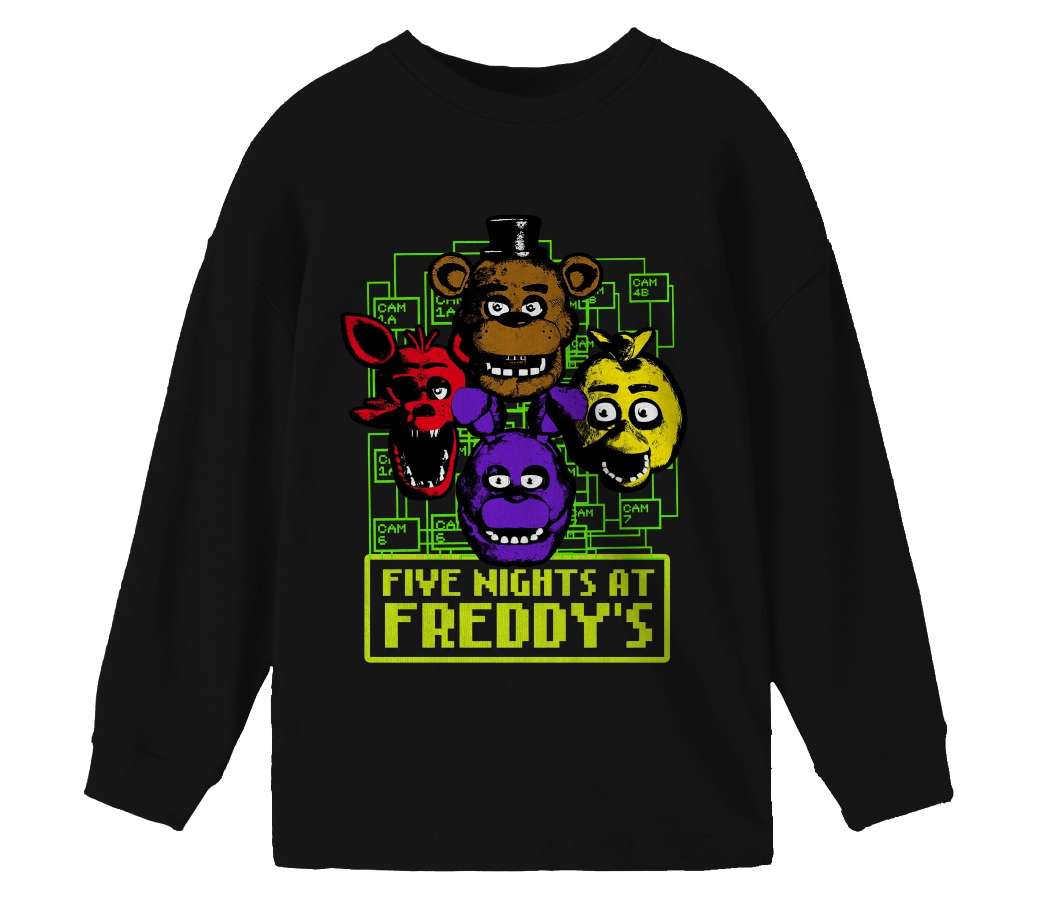 Five Nights at Freddy's Characters and Cameras Boy's Black Long Sleeve  Shirt-L 