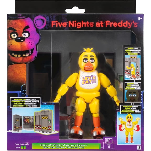 Jazwares Five Nights at Freddys Classic Chica Office Set - 5-Inch Articulated Figure with Jumpscare Feature, Glow-in-The-Dark Eyes, and Optical Diorama