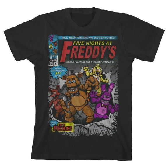 Five Nights at Freddy's Comic Cover Art Boy's Black T-shirt-Large