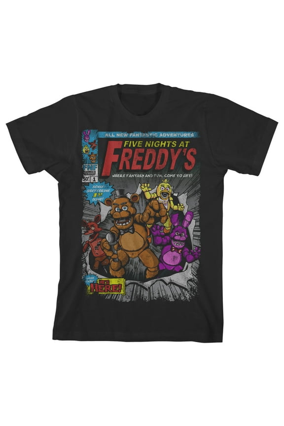 Comic Cover Art Boy's Black T-shirt-Medium