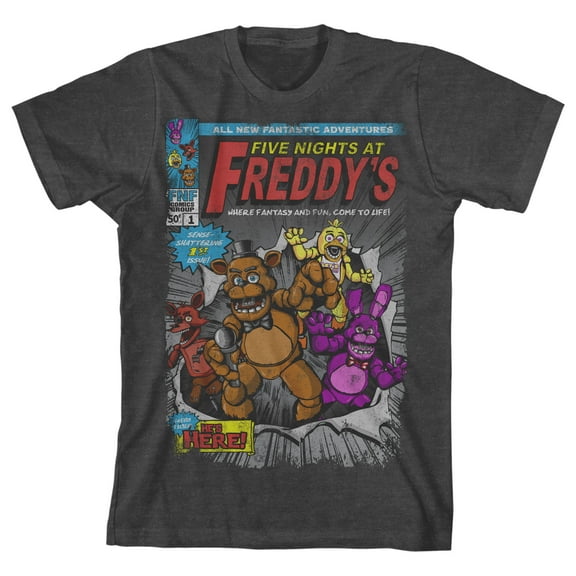 Five Nights at Freddy's Comic Cover Art Boy's Charcoal Heather T-shirt-XS