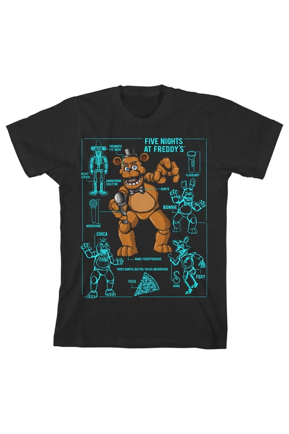 Freddy Fazbear Character Specs Boy's Black T-shirt-Large