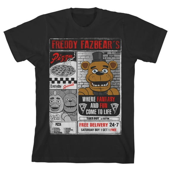 Five Nights at Freddy's Freddy Fazbear's Pizza Ad Boy's Black T-shirt-Medium