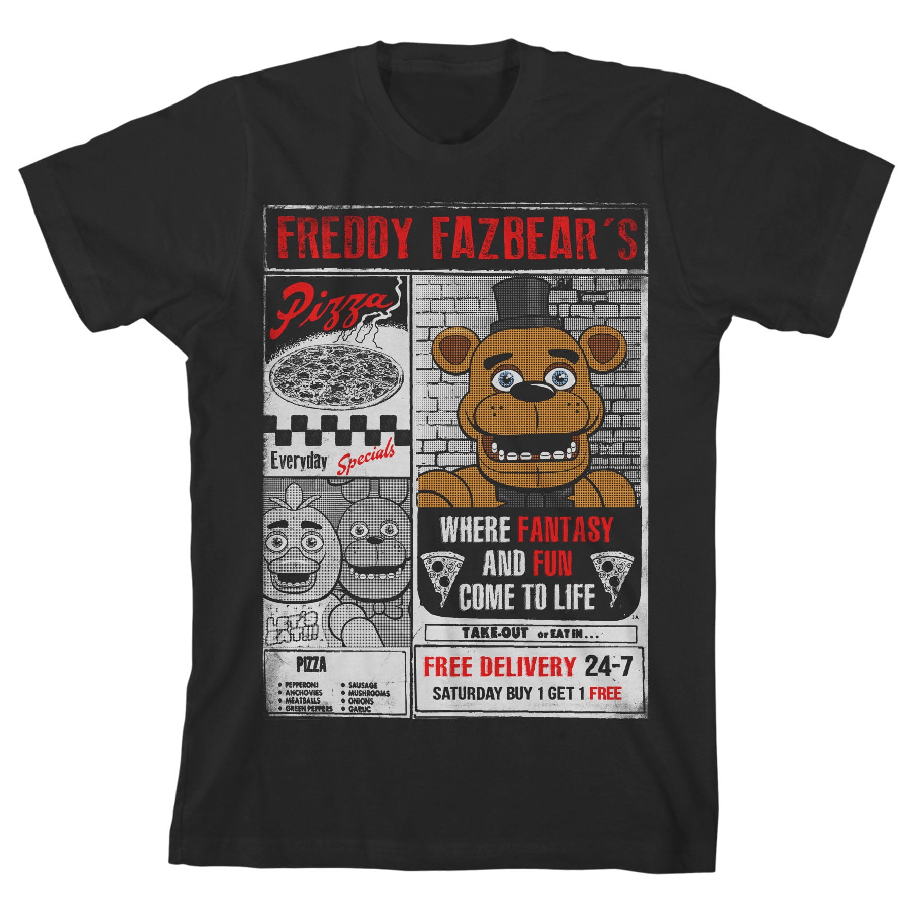 Five Nights at Freddy's Freddy Fazbear's Pizza Ad Boy's Black T