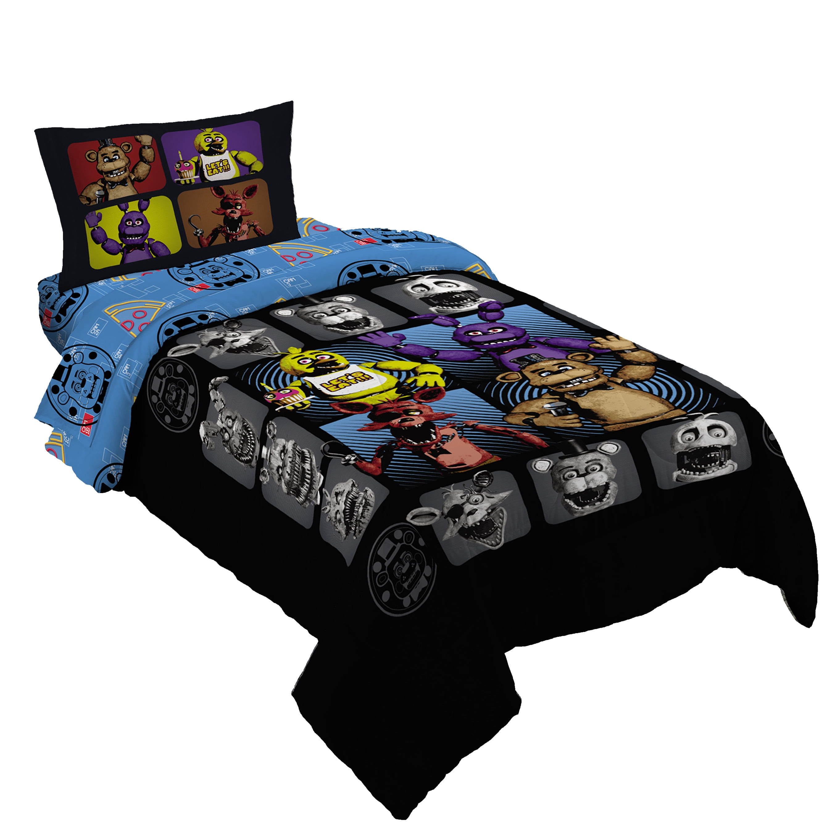 Five Nights at Freddy's Kids 4 Piece Black Blue Reversible Comforter, Bed in a Bag, Twin