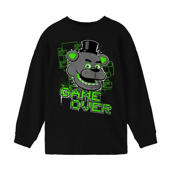 Five Nights at Freddy's Neon Green Game Over Boy's Black Long Sleeve Shirt-XL