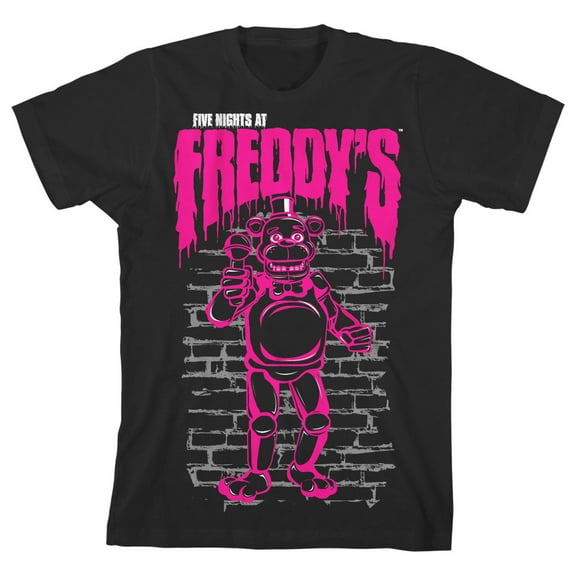 Five Nights at Freddy's Neon Pink Freddy Against the Wall Boy's Black T-shirt-Medium