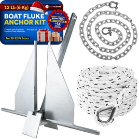 Five Oceans 13 Lb Boat Anchor Kit - Heavy-Duty Fluke Anchor Set with Galvanized Chain and 3-Strand Rope, Includes 2 Stainless Steel Shackles and Thimble - FO4641