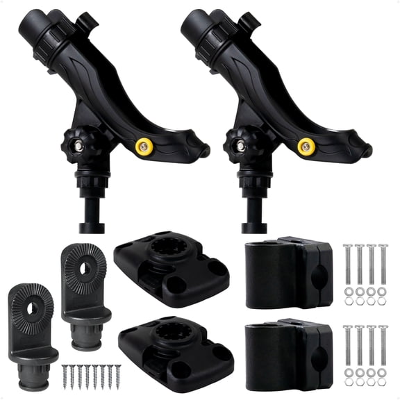 Five Oceans 2-Pack Fishing Rod Holder Set, Small, Black, High-Impact Nylon, Hook Keeper & Locking Collar, with 2 Rail & 2 Deck Mount Bases for Versatile Mounting - FO4732-4742-M2