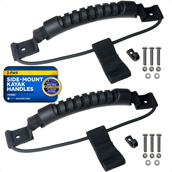 Five Oceans 2-Pack Side-Mount Kayak Handles with Bungee Paddle Hook Holder, Black, Heavy-Duty Rubber & Stainless Steel Hardware Carrying Handles for Kayaks, Canoes, Small Boats, FO4862