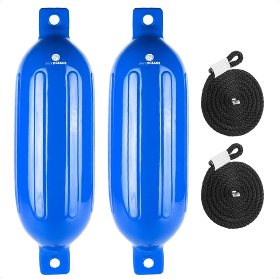 Five Oceans 2-Pack Twin Eye Ribbed Boat Fenders 6.5 x 23-Inch, Blue, Boat Bumpers for Docking with 2 Ropes Lines 3/8-Inch x 5-Ft for Pontoon Sport Boats Sailboats - FO4949