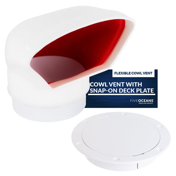 Five Oceans 3-Inch Cowl Vent with Snap-On Deck Plate and Cover, Low Profile UV-Resistant and Flexible PVC, Red Interior, for Air Intake or Cabin Ventilation- FO88