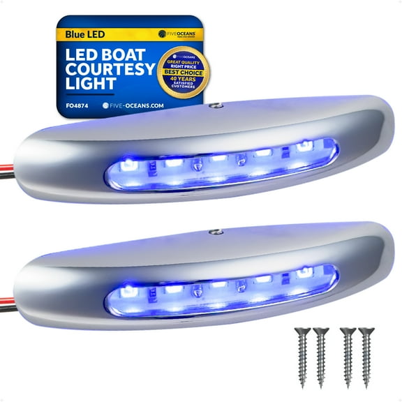 Five Oceans 3-Inch LED Boat Courtesy Light, Blue, IP67 Waterproof, 12V - 2-Pack, Premium Chrome Plated Zinc Alloy, Marine Interior Lighting for Pontoon, Boat, RV - FO4874