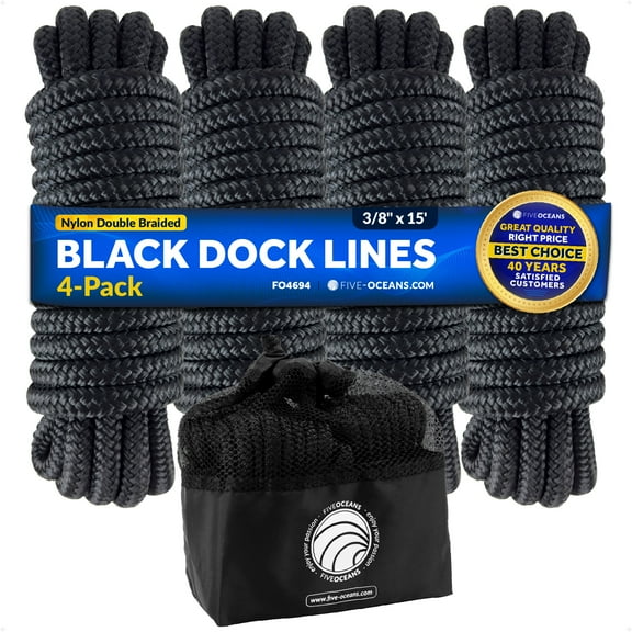 Five Oceans 4-Pack 3/8" x 15' Boat Dock Lines with 12" Eyelet, Marine-Grade Black Premium Double Braided Nylon Boat Rope 3/8 inch, Boat Ropes for Docking with Loop or Fender Lines - FO4694