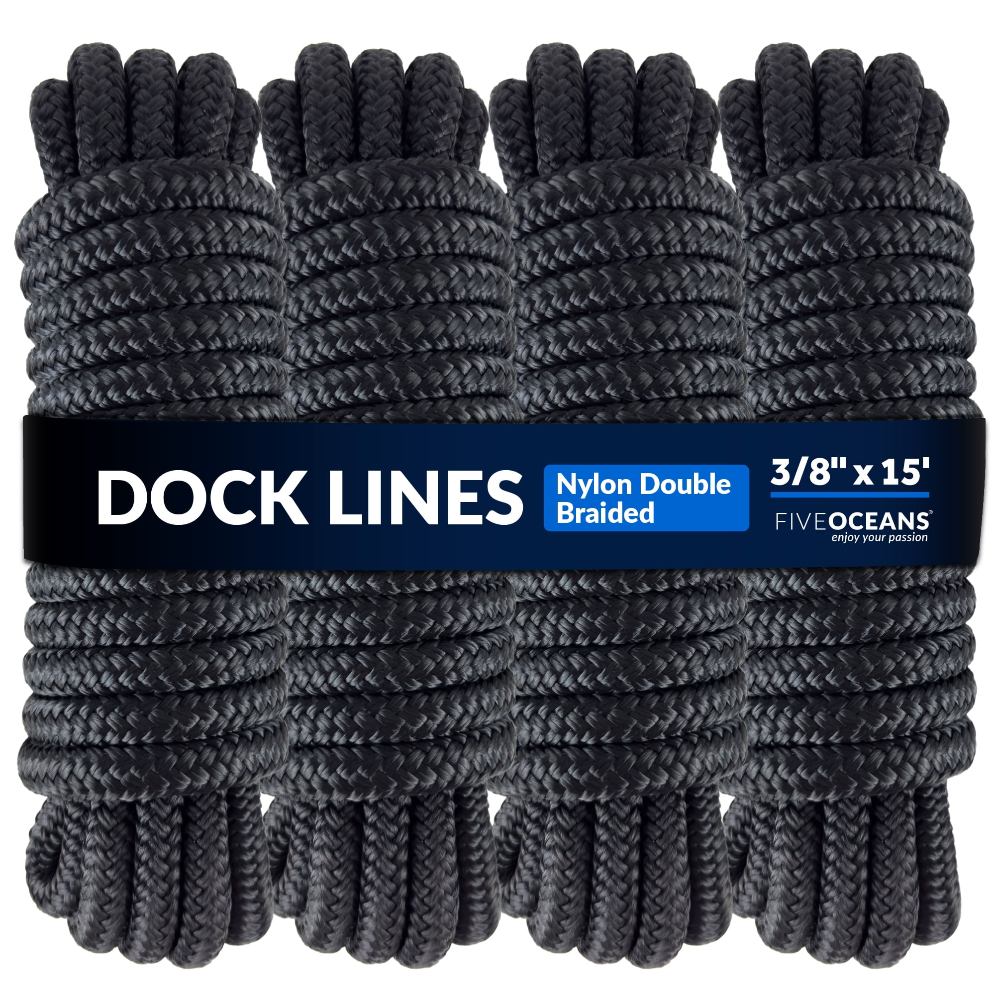 Five Oceans 4-Pack 3/8 x 15' Boat Dock Lines with 12 Eyelet, Marine-Grade  Black Premium Double Braided Nylon Boat Rope 3/8 inch, Boat Ropes for  Docking with Loop or Fender Lines 