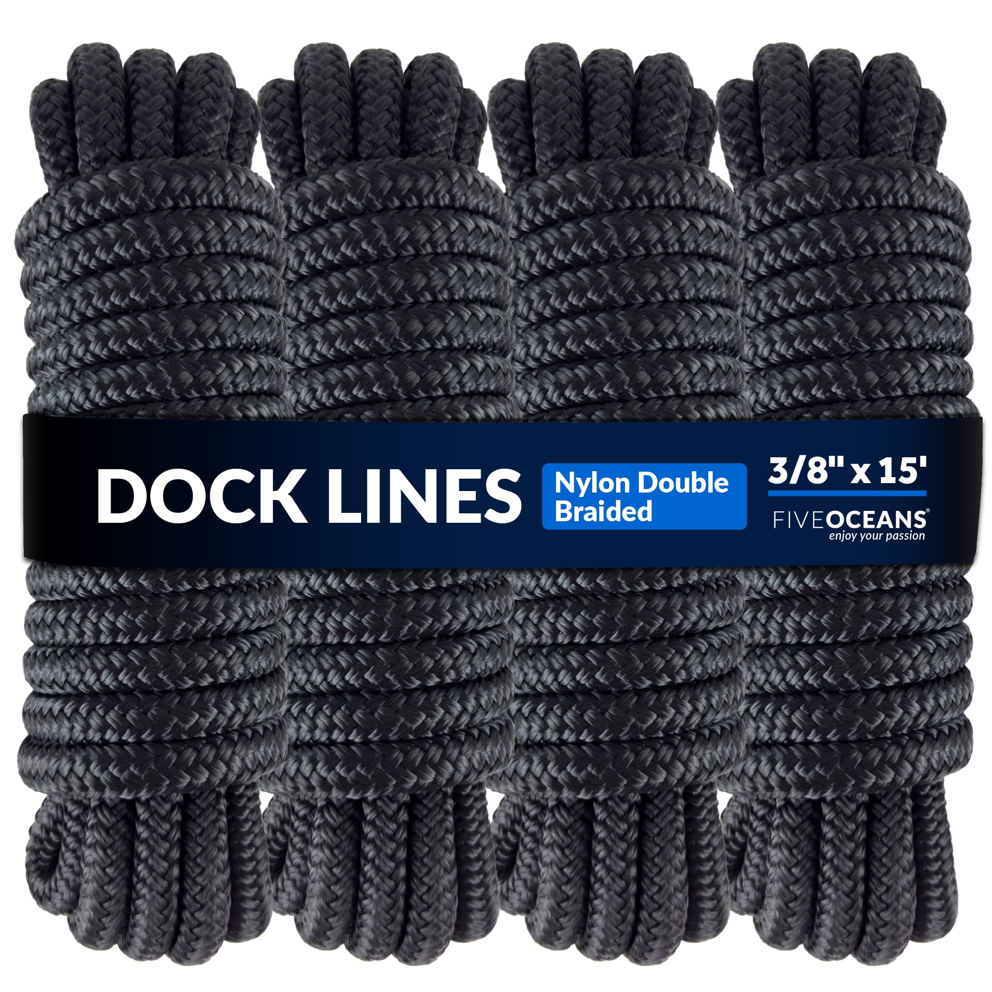 Five Oceans 4Pack 3/8" x 15' Boat Dock Lines with 12" Eyelet, Marine