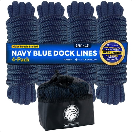 Five Oceans 4-Pack 3/8" x 15' Boat Dock Lines with 12" Eyelet, Marine-Grade Navy Blue Premium Double Braided Nylon Boat Rope 3/8 inch, Boat Ropes for Docking with Loop or Fender Lines - FO4695