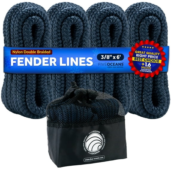Five Oceans 4-Pack 3/8" x 6' Boat Fender Lines with 5" Eyelet, Boat Ropes for Docking with Loop, Marine-Grade Navy Blue Premium Nylon Double Braided Boat Rope - FO4699