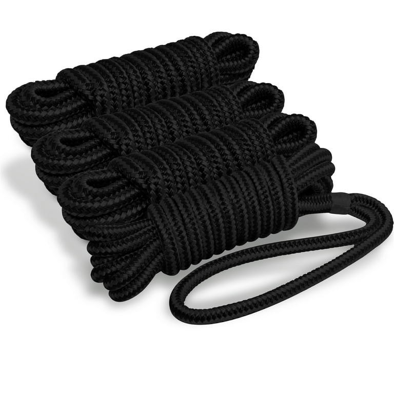 Five Oceans FO4275-M4 Dock Lines, 4 Pack 5/8 inch x 25 Feet Marine Boat Docking Rope Line, Black Nylon Double Braided with 16 Inches Eyelet for
