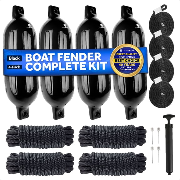 Five Oceans 4-Pack Boat Fender Kit, Includes 6.5 x 23-Inch Black Fenders, Dock Lines 3/8" x 15', Ropes Lines 3/8-Inch x 5-Ft, Inflator Pump and Needles - FO4540-C2