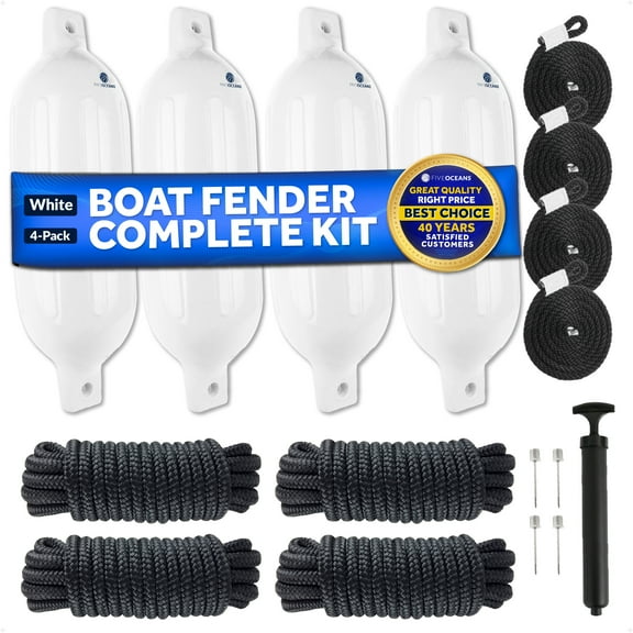 Five Oceans 4-Pack Boat Fender Kit, Includes 6.5 x 23-Inch Black Fenders, Dock Lines 3/8" x 15', Ropes Lines 3/8-Inch x 5-Ft, Inflator Pump and Needles - FO4544-C2