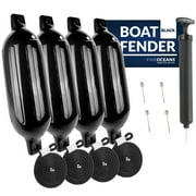Five Oceans 4-Pack Boat Fenders - 4.5 x 16-Inch, Black - Boat Bumpers for Docking - 4 Ropes Lines 3/8-Inch x 5-Ft - Inflator Pump and 4 Needles for Pontoon Fishing Bass Sport Boats Sailboats - FO4537