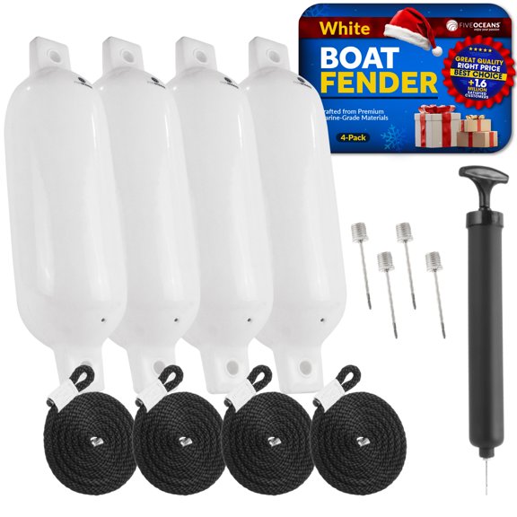 Five Oceans 4-Pack Boat Fenders - 5.5 x 20-Inch, White - Boat Bumpers for Docking - 4 Ropes Lines 3/8-Inch x 5-Ft - Inflator Pump and 4 Needles for Pontoon Fishing Bass Sport Boats Sailboats - FO4611