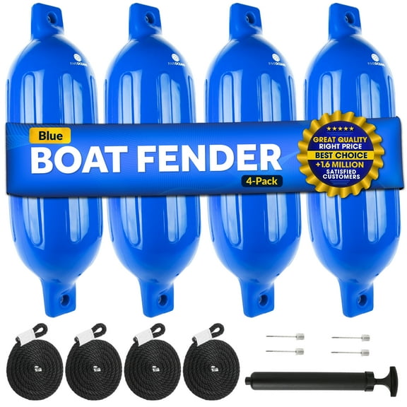 Five Oceans 4-Pack Boat Fenders - 6.5 x 23-Inch, Blue - Boat Bumpers for Docking - 4 Ropes Lines 3/8-Inch x 5-Ft - Inflator Pump and 4 Needles for Pontoon Fishing Bass Sport Boats Sailboats - FO4542