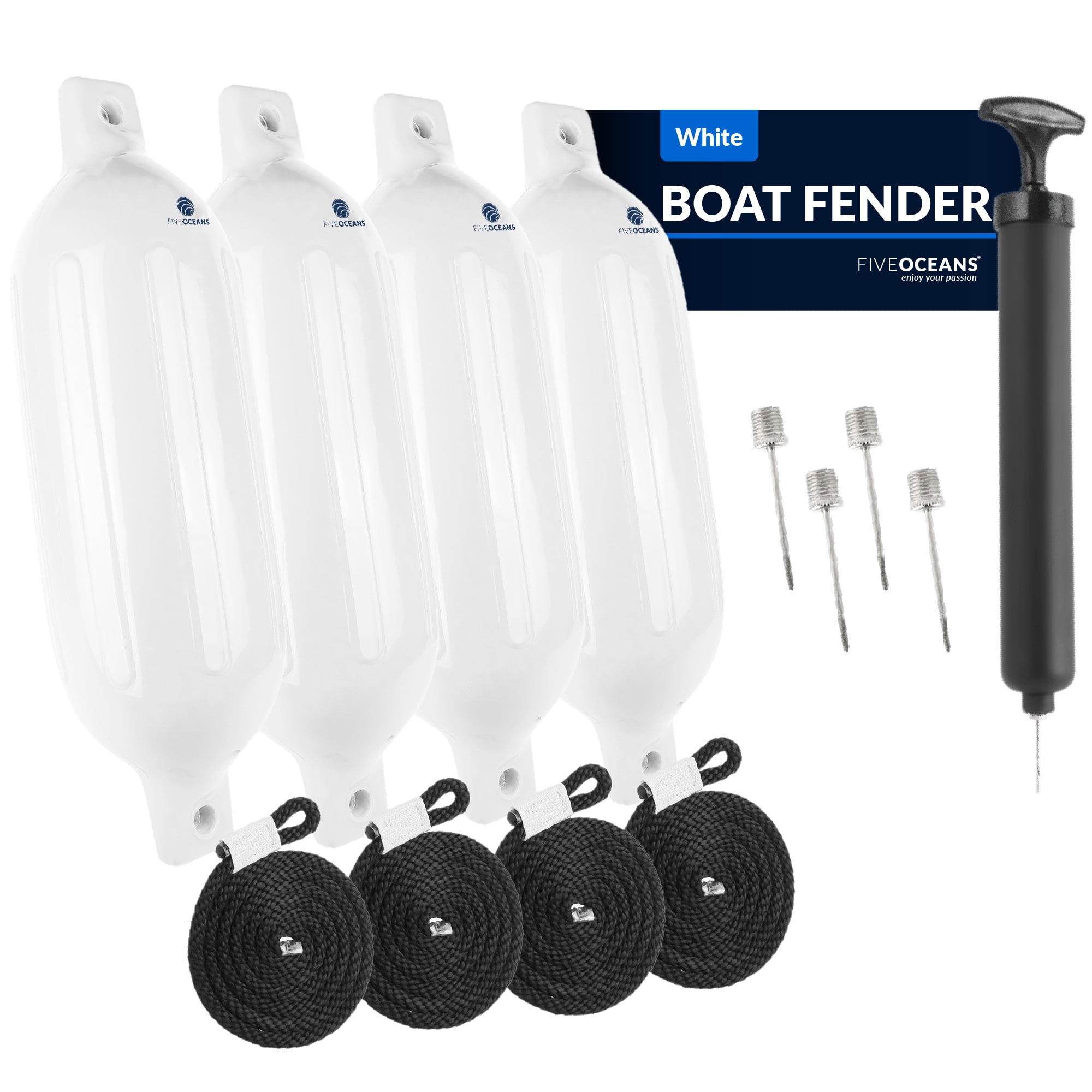 Five Oceans 4Pack Boat Fenders 6.5 x 23Inch, White Boat Bumpers