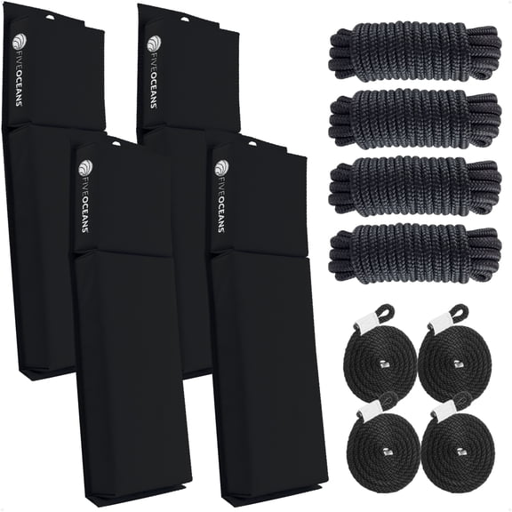 Five Oceans 4-Pack Flat Boat Fender Kit, Includes 24" x 6-7/8" x 2-1/2" Black Fenders, Ropes Lines 3/8-Inch x 5-Ft, and Dock Lines 1/2" x 15' - FO4682-C2