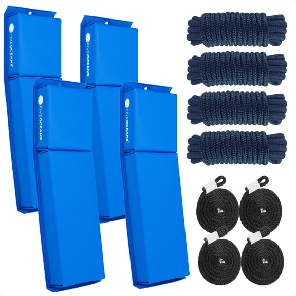 Five Oceans 4-Pack Flat Boat Fender Kit, Includes 24" x 6-7/8" x 2-1/2" Blue Fenders, Ropes Lines 3/8-Inch x 5-Ft, and Dock Lines 1/2" x 15' - FO4680-C2