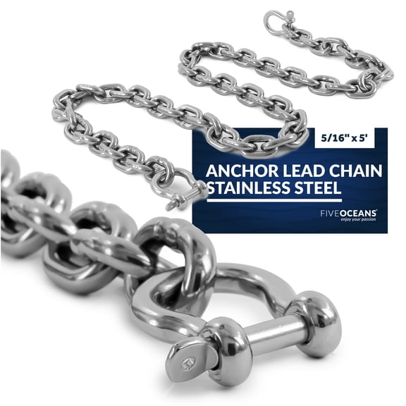 Five Oceans 5/16-Inch x 5-Foot Boat Anchor Lead Chain with Stainless Steel Shackles, High Test G4 Calibrated Stainless Steel Chain- FO4493-S5
