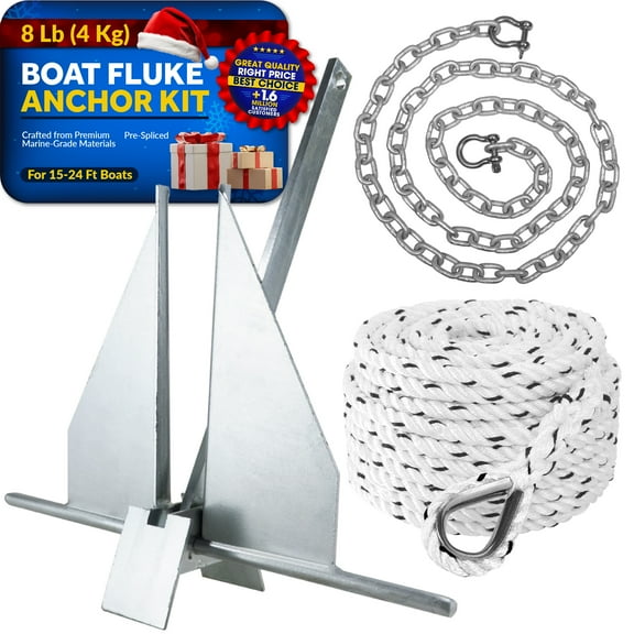 Five Oceans 8 Lb Boat Anchor Kit - Heavy-Duty Fluke Anchor Set with Galvanized Chain and 3-Strand Rope, Includes 2 Stainless Steel Shackles and Thimble for Pontoon, Fishing Boats, Bass Boats - FO4640