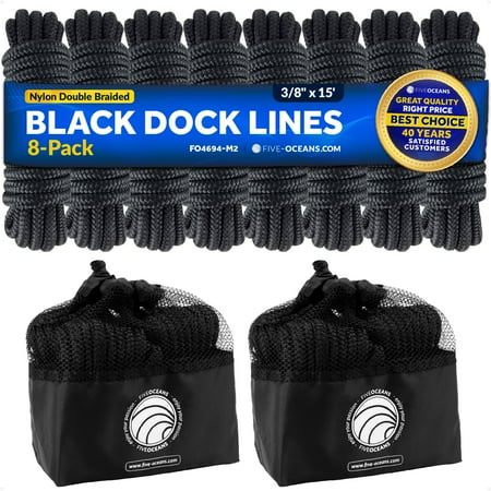 Five Oceans 8-Pack 3/8" x 15' Boat Dock Lines, Black Double Braided Nylon, Marine-Grade, 12" Eyelet, 1-Year Warranty - FO4694-M2
