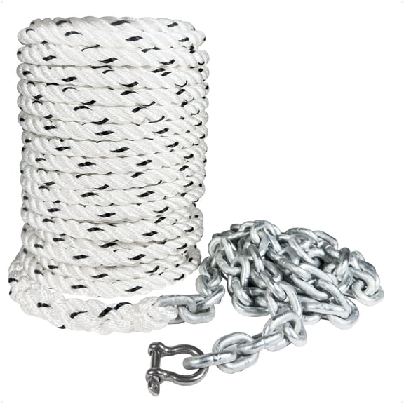 Five Oceans Anchor Rode, Hand Spliced Rope and Chain Combination, 3/8" x 75' Nylon 3-Strand Rope, 1/4" x 3' Hot Dipped Galvanized Steel Chain - FO4571