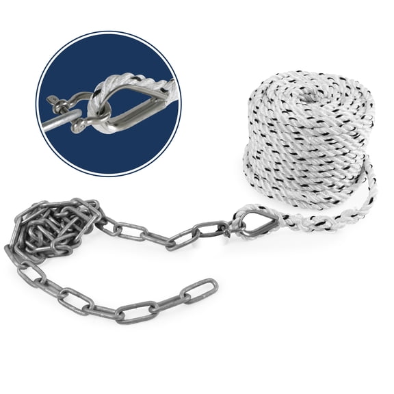 Five Oceans Anchor Rode, Hand Spliced Rope and Chain Combination, 5/16" x 50' Nylon 3-Strand Rope, 1/4" x 2' Hot Dipped Galvanized Steel Chain - FO4565