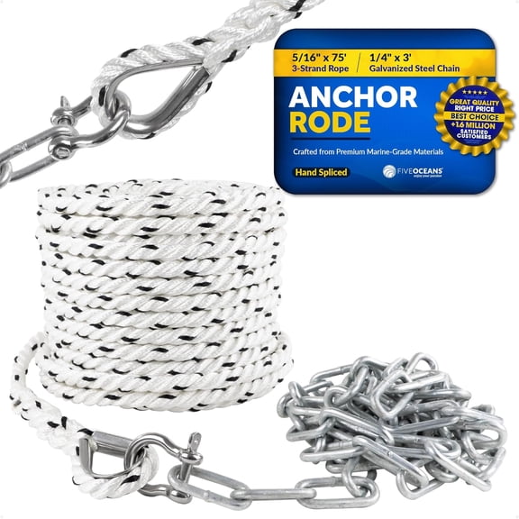 Five Oceans Anchor Rode Nylon 3 Strand with Hot-Dipped Galvanized Steel Chain, Stainless Steel Shackle and Thimble Included