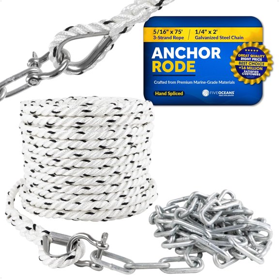 Five Oceans Anchor Rode Nylon 3 Strand with Hot-Dipped Galvanized Steel Chain, Stainless Steel Shackle and Thimble Included