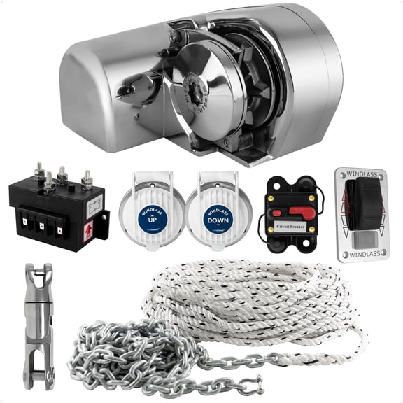 Five Oceans Atlantic Windlass Kit, Horizontal 900 Watts, 12V DC, 9/16" x150' 3-Strand Rope, 5/16" x 20' Galvanized Steel HT G4 Chain, Swivel and Shackle - FO3442-C1