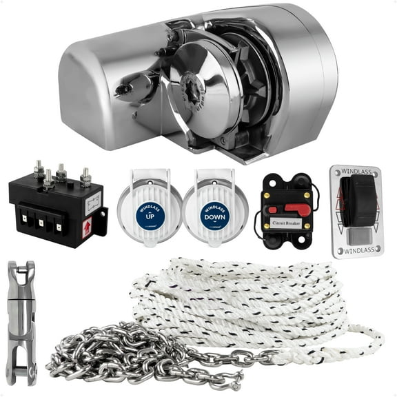 Five Oceans Atlantic Windlass Kit, Horizontal 900 Watts, 12V DC, 9/16" x150' 3-Strand Rope, 5/16" x 20' Stainless Steel HT G4 Chain, Swivel and Shackle - FO3442-C2