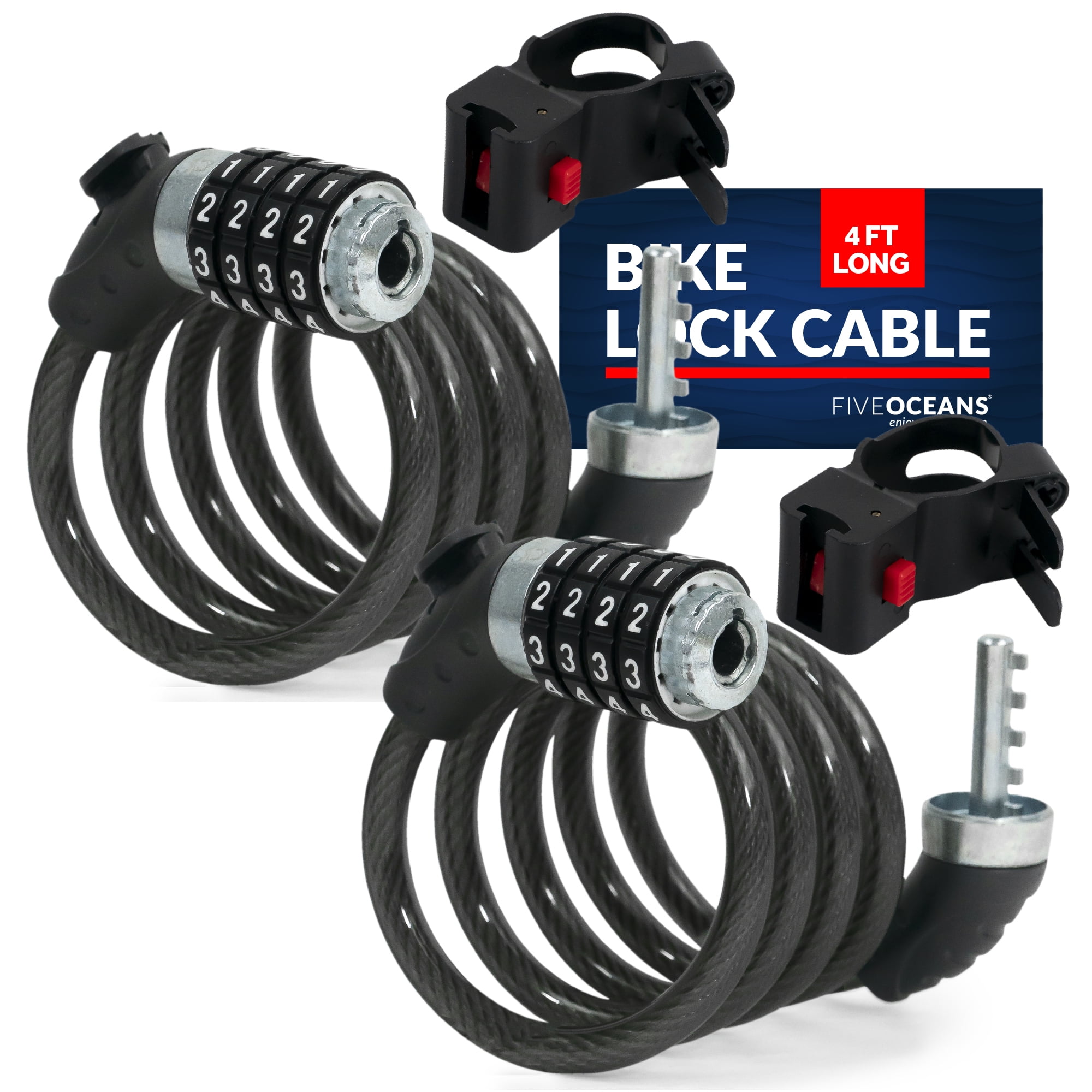 Five Oceans Bike Lock Cable, 2-Pack Combination Anti Theft Bike Locks, Security Resettable Bicycle Lock with Mounting Bracket, 4 Feet Long for Bike, Motorcycle, Bicycle, Door, Gate, Fence - FO3957-M2