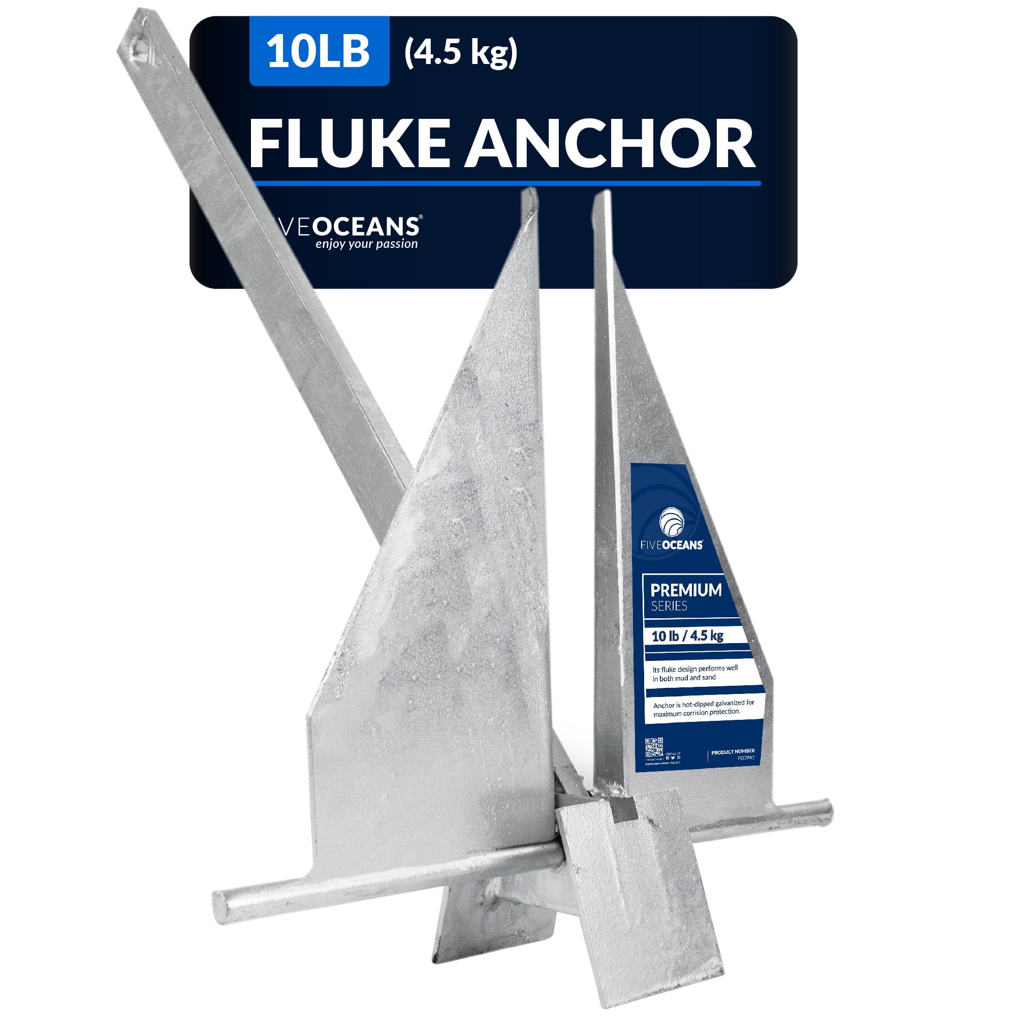 Five Oceans 10 Lb Galvanized Steel Fluke Anchor for Boats