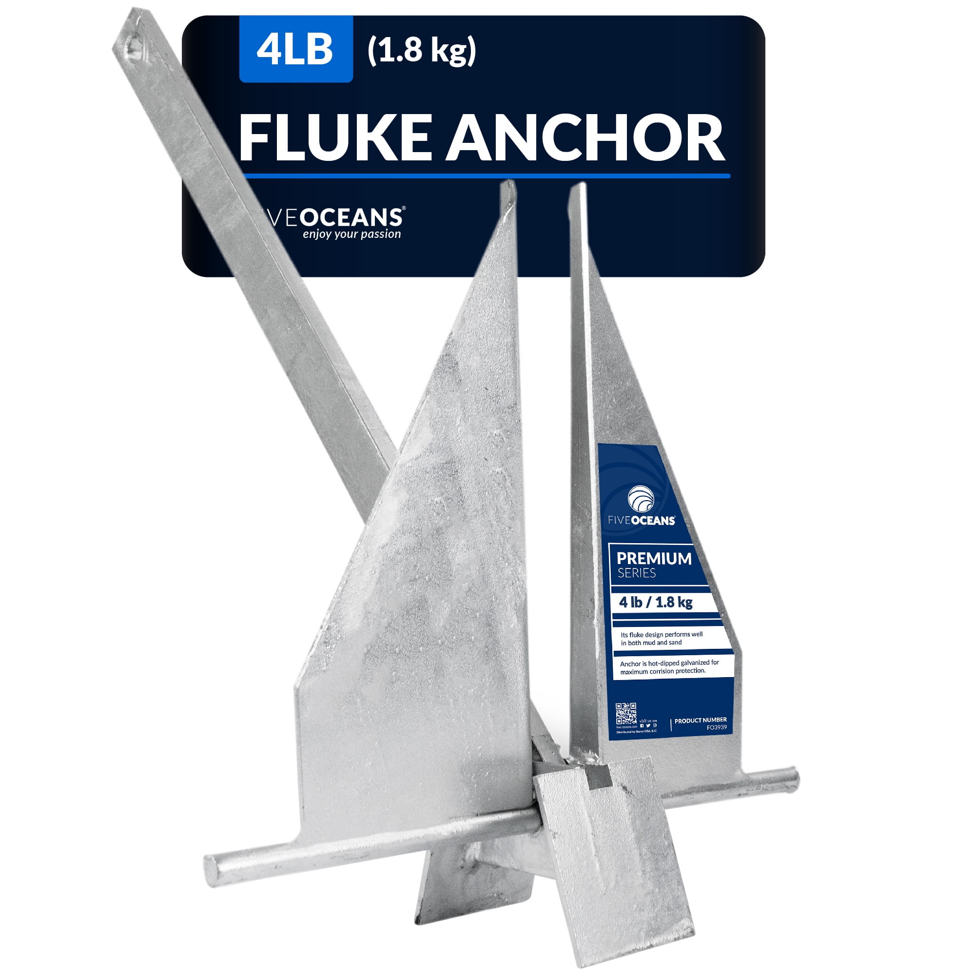 Five Oceans Boat Anchor Fluke Anchor, 4 Lb, Galvanized Steel Boat Anchors, for Kayak, Dinghies