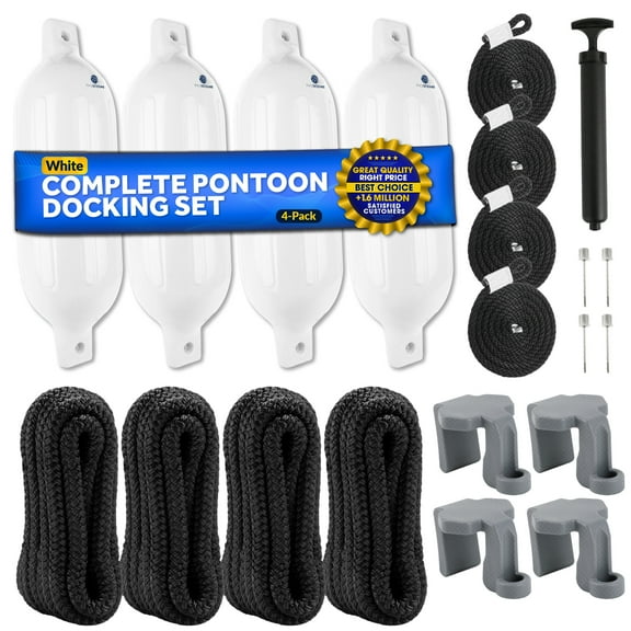 Five Oceans Boat Fenders Complete Set - Includes 4-Pack 6.5 x 23-Inch, White - Boat Bumpers Clips, Dock Lines 3/8" x 15' - 4 Ropes Lines 3/8-Inch x 5-Ft - Inflator Pump and 4 Needles - FO4544-C1