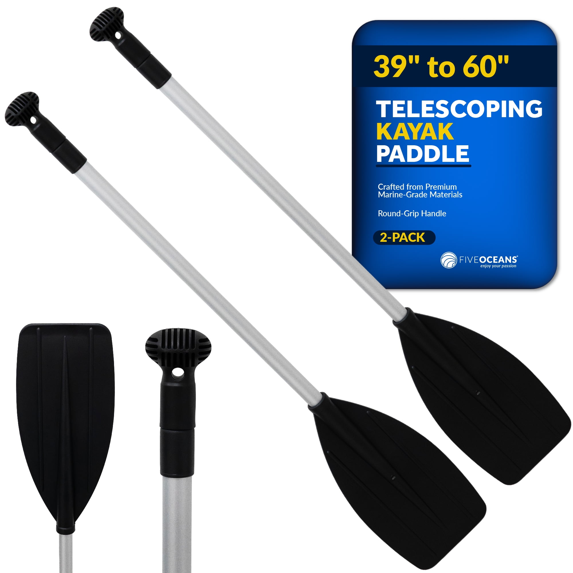Five Oceans Canoe Paddle - 2-Pack Boat Paddle Collapsible Paddle, Canoe Oars Extends from 3.25 Ft. (39-inch) to 5 Ft. 60-inch) - Aluminum Shaft, Round Grip - FO4720-M2