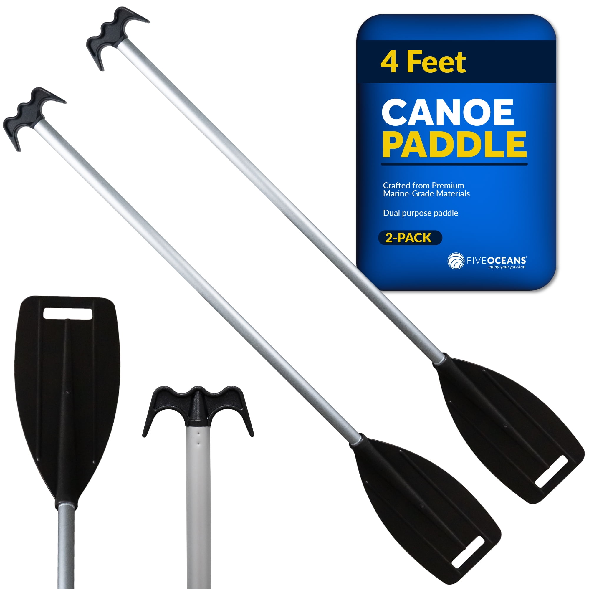 Five Oceans Canoe Paddle, 2-Pack Canoe Paddles and Boat Hook, Black, 4-Feet Long, Anodized Aluminum Shaft, Reinforced ABS Plastic Blade & Hook, Lightweight - FO1876-M2
