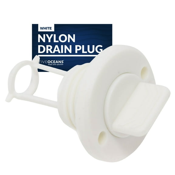 Five Oceans Captive Garboard Drain Plug, For 1-Inch Transom Hole, Oval Shape, Thread with Rubber Washer Gaskets, White Nylon - FO1794